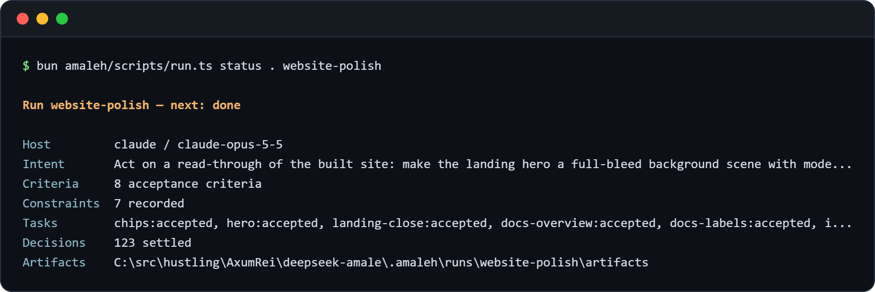 Terminal window showing the status report for run website-polish: the run marked done, with its host, intent, criteria, tasks, decisions and artifacts directory.